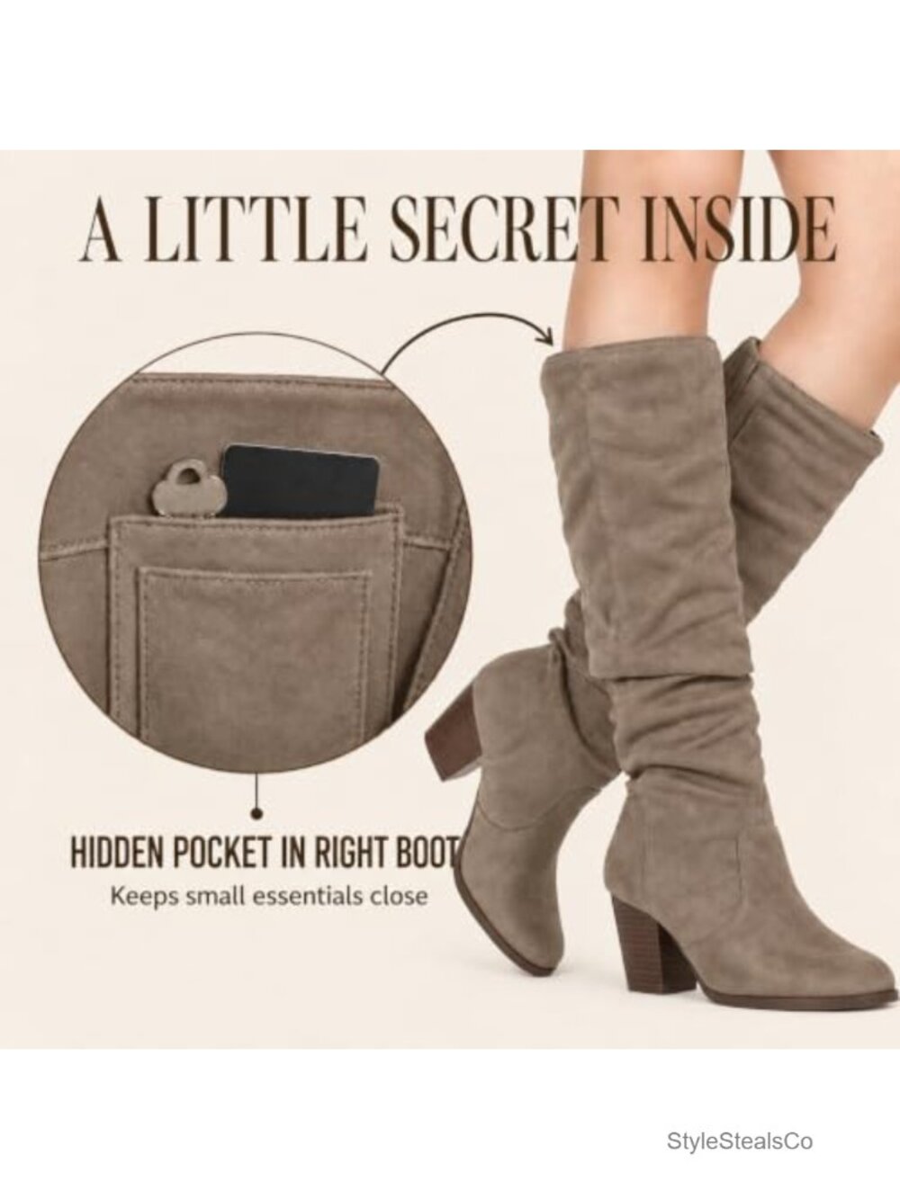 Slouchy Knee High Block Heel Boots Vegan Almond Toe Pull On - Picture 4 of 6